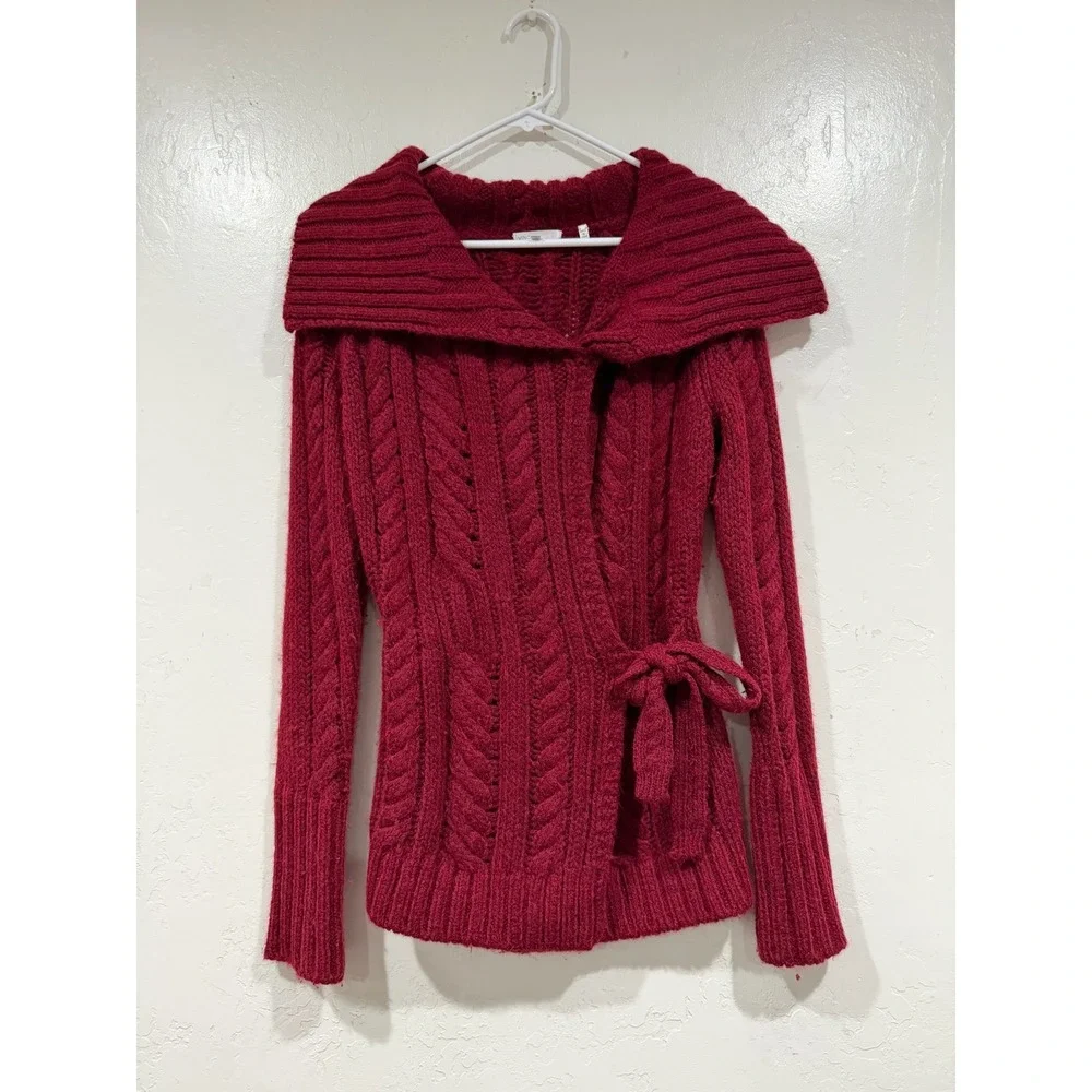 Vince Merino Wool Alpaca Cable Knit Wrap Cardigan Burgundy Red 70859 Medium